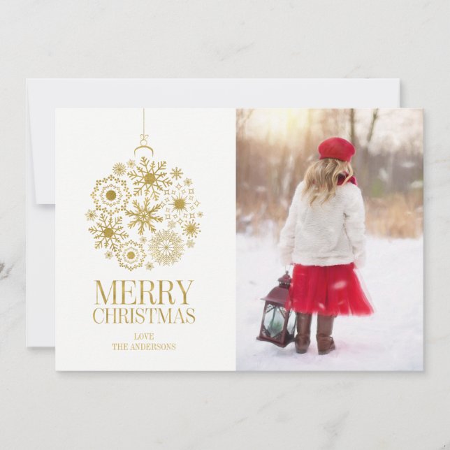Gold Snowflake Ornament Holiday Photo Card (Front)