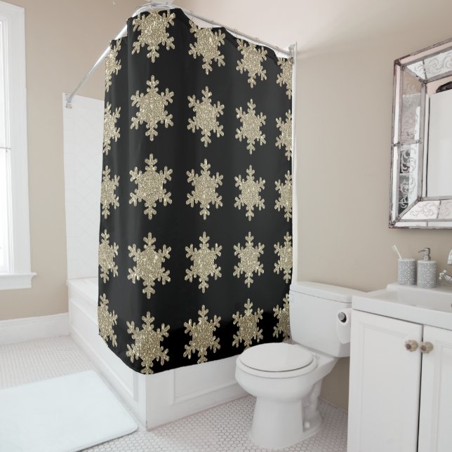 Gold Snowflake Patterns Black Stylish Elegant Cute Shower Curtain (In Situ)