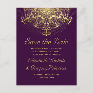 Gold snowflake purple winter wedding Save the Date