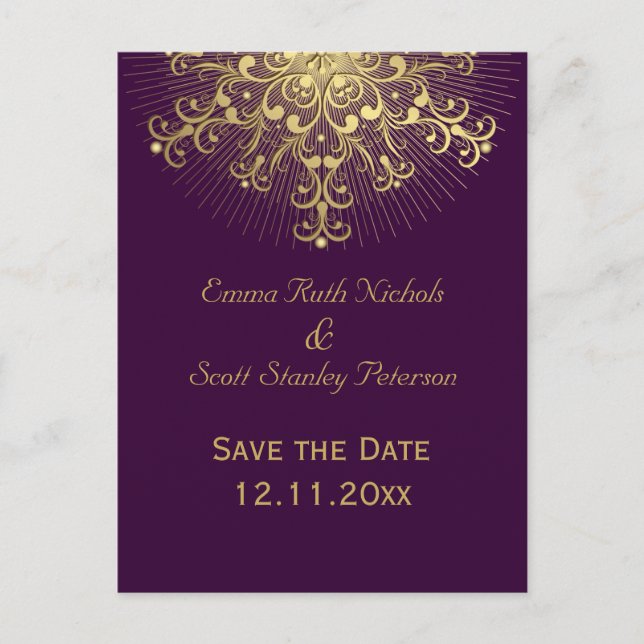 Gold snowflake purple winter wedding Save the Date Announcement Postcard (Front)