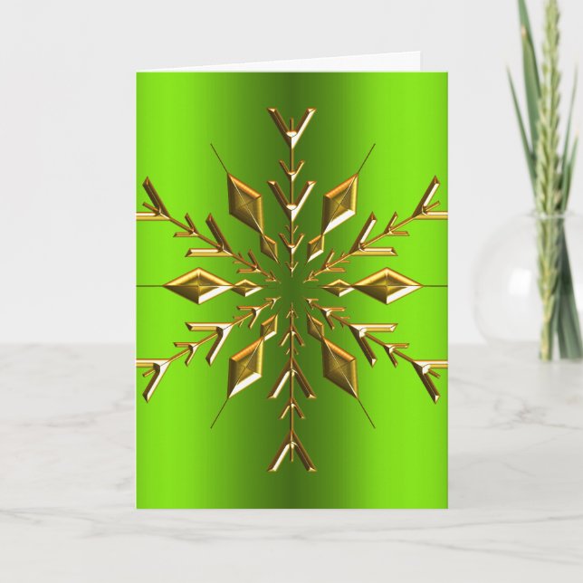 Gold Snowflake Star Green Christmas Card (Front)