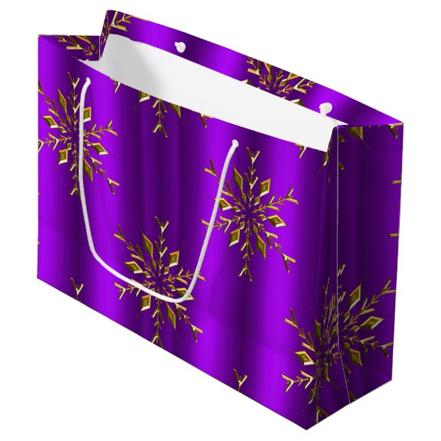 Gold Snowflake Stars on Purple Christmas Large Gift Bag (Front Angled)