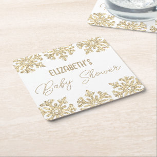 Gold Snowflake Winter Baby Shower Square Paper Coaster
