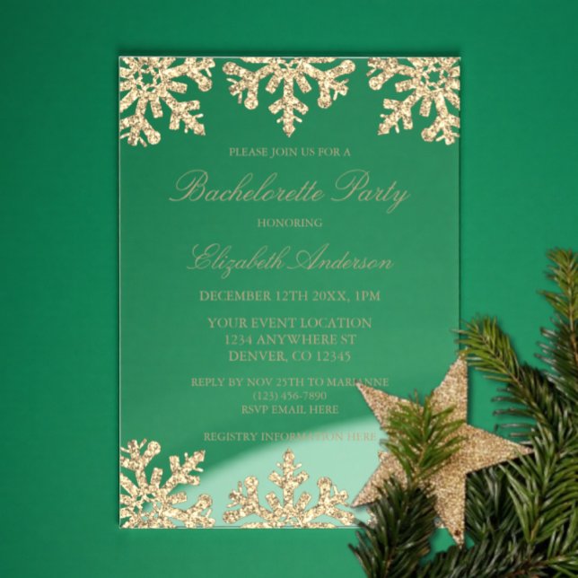 Gold Snowflake Winter Bachelorette Party Acrylic Invitations (Creator Uploaded)