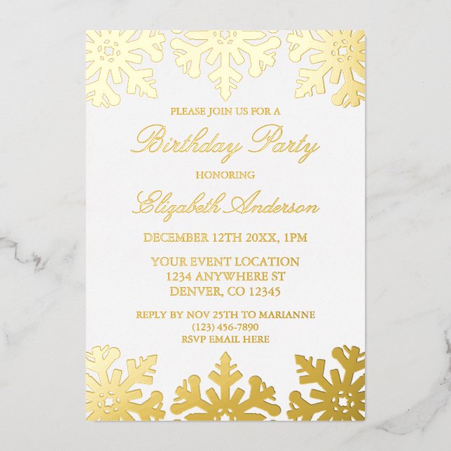 Gold Snowflake Winter Birthday Party (Front)