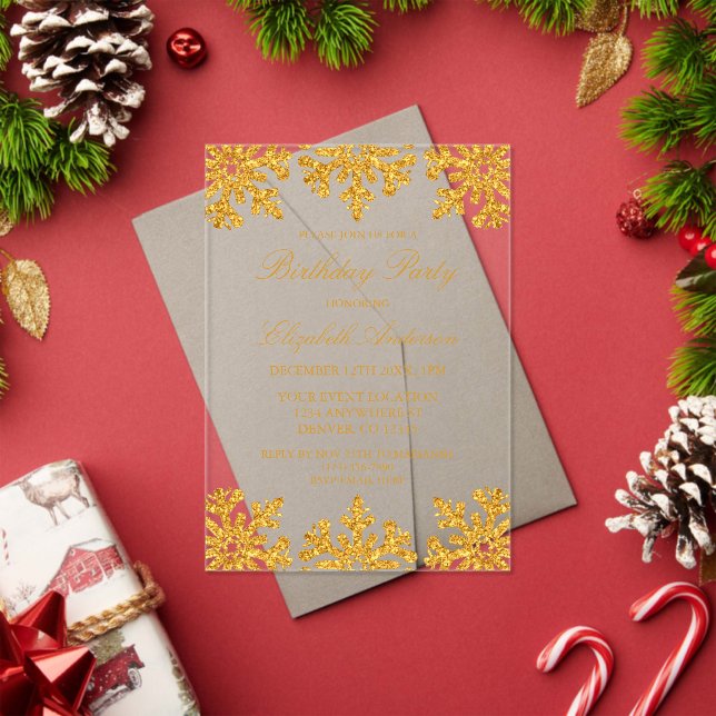 Gold Snowflake Winter Birthday Party Acrylic Invitations (Insitu (Holiday))