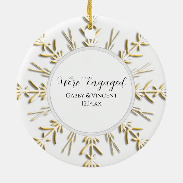 Gold Snowflake Winter Engagement Photo Ceramic Tree Decoration (Back)