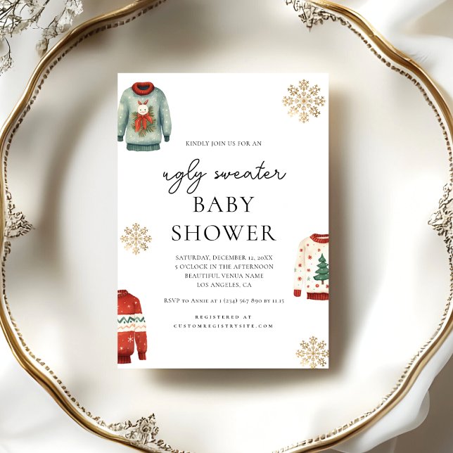 Gold Snowflake | Winter Ugly Sweater Baby Shower Invitation (Creator Uploaded)