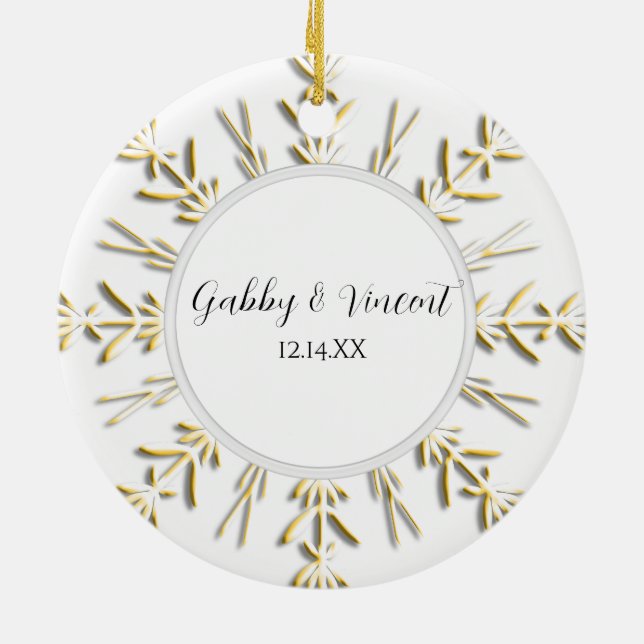 Gold Snowflake Winter Wedding Photo Ceramic Ornament (Back)