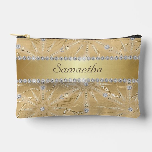 Gold Snowflake With Sparkle Diamond Custom Name Accessory Pouch (Front)