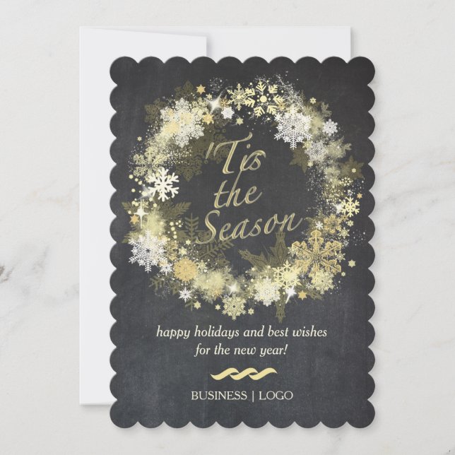 Gold Snowflake Wreath Business Holiday Card (Front)