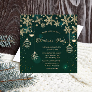 Gold Snowflakes,Balls Green Corporate Christmas  Invitation
