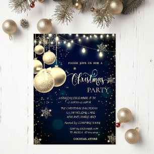 Gold Snowflakes,Balls,Lights Blue Christmas  Invitation