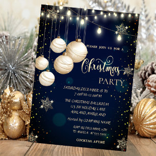  Gold Snowflakes,Balls,Lights Blue Christmas  Invitation