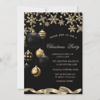 Gold Snowflakes Black Balls Corporate Christmas Invitation