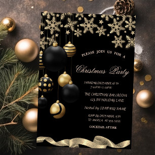 Gold Snowflakes Black Balls Corporate Christmas Invitation