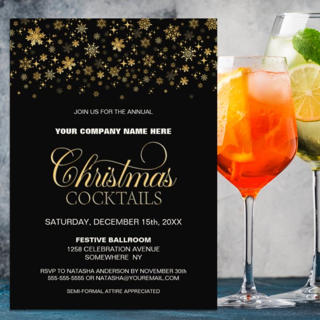 Gold Snowflakes Black Christmas Cocktail Party Invitation (Creator Uploaded)