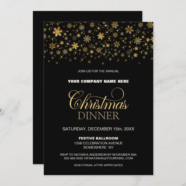 Gold Snowflakes Black Corporate Christmas Dinner Invitation (Front/Back)