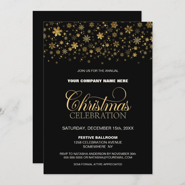 Gold Snowflakes Black Corporate Christmas Party Invitation (Front/Back)