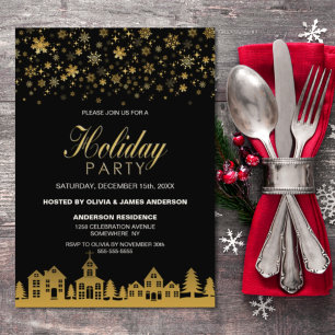 Gold Snowflakes Black Holiday Party Invitation