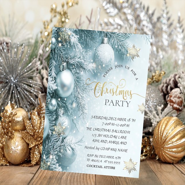Gold Snowflakes,Blue Balls Company Christmas Party Invitation (Creator Uploaded)