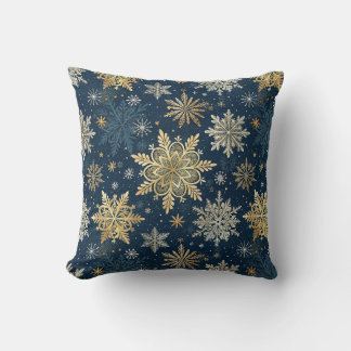 Gold Snowflakes Blue Winter Christmas  Cushion
