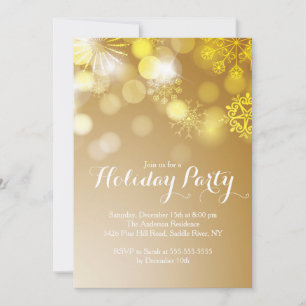 Gold Snowflakes Bokeh Holiday Party Invitation