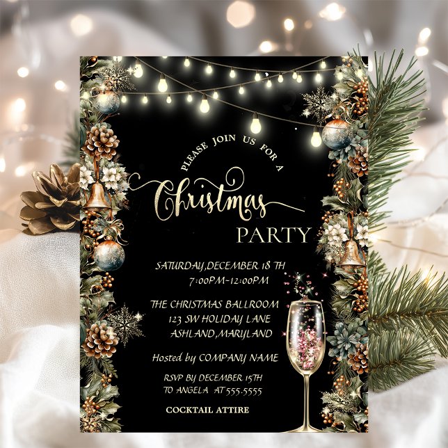 Gold Snowflakes,Champagne Glass Christmas  Invitation (Creator Uploaded)