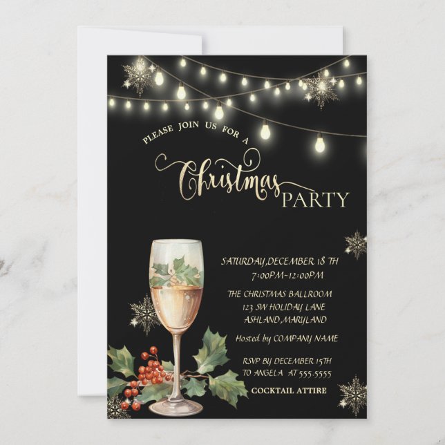 Gold Snowflakes,ChampagnE Glass Christmas Party  Invitation (Front)