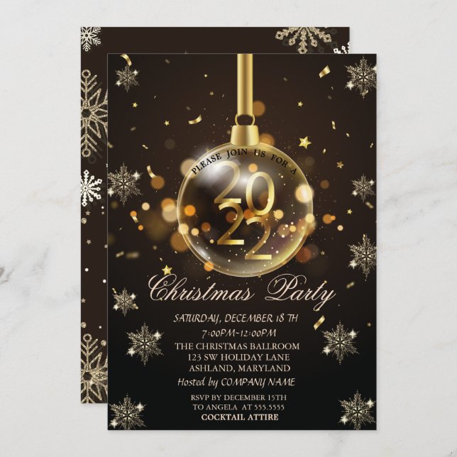 Gold Snowflakes, Christmas Ball 2022 Company  Invitation (Front/Back)