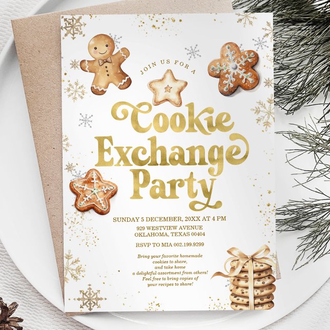 Gold Snowflakes Christmas Cookie Exchange Party Invitation (Creator Uploaded)