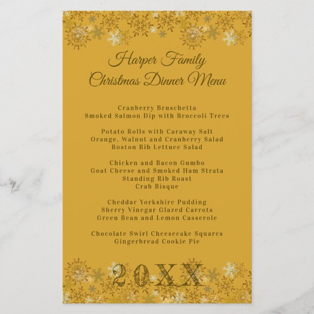 Gold Snowflakes Christmas Dinner Menu Template (Front)