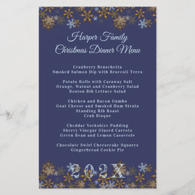 Gold Snowflakes Christmas Dinner Menu Template (Front)
