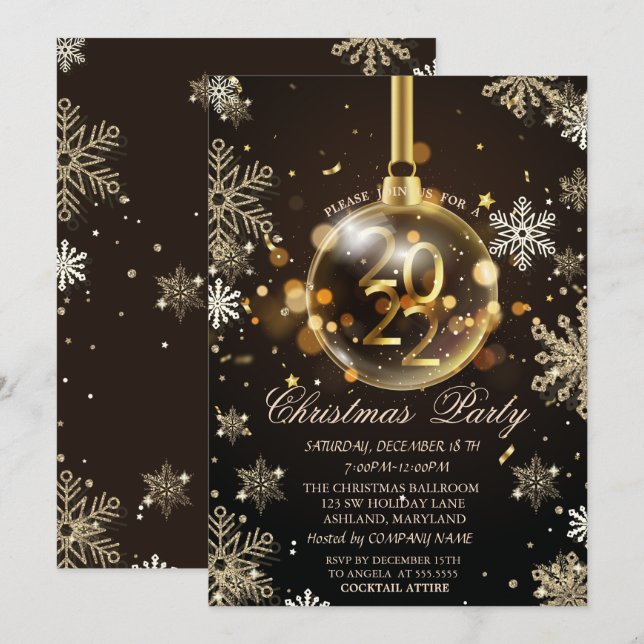 Gold Snowflakes, Christmas Ornament 2022 Company Invitation (Front/Back)