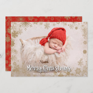 Gold Snowflakes Christmas Photo Birth Announcement