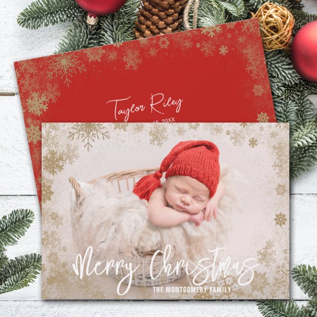 Gold Snowflakes Christmas Photo Birth Announcement (Creator Uploaded)