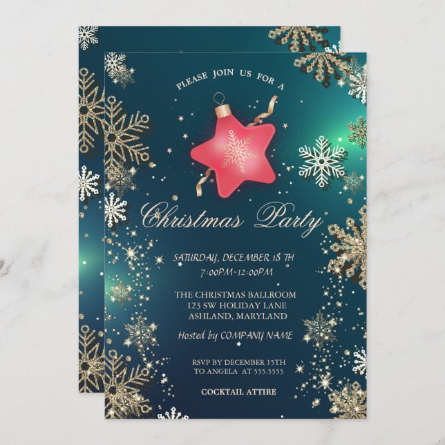 Gold Snowflakes, Christmas Star Ornament Company Invitation (Front/Back)