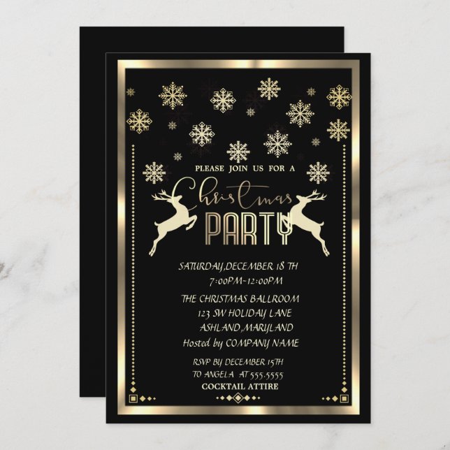 Gold Snowflakes,Deer Black Company Christmas Party Invitation (Front/Back)