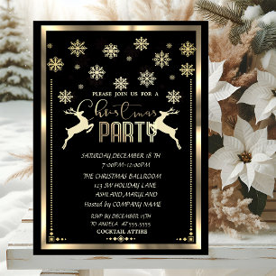 Gold Snowflakes,Deer Black Company Christmas Party Invitation