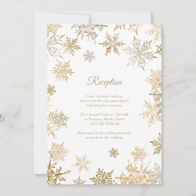 Gold Snowflakes Elegant Winter Wedding Reception Invitation (Front)