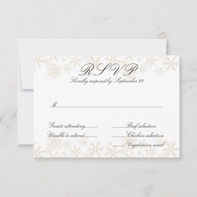Gold Snowflakes Entrées Menu RSVP Cards (Front)