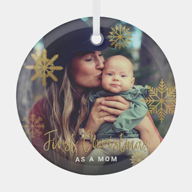 Gold Snowflakes First Christmas as a Mum Photo Glass Tree Decoration (Front)