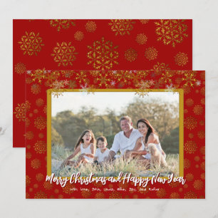 Gold Snowflakes Flat Christmas Family Photo Cards