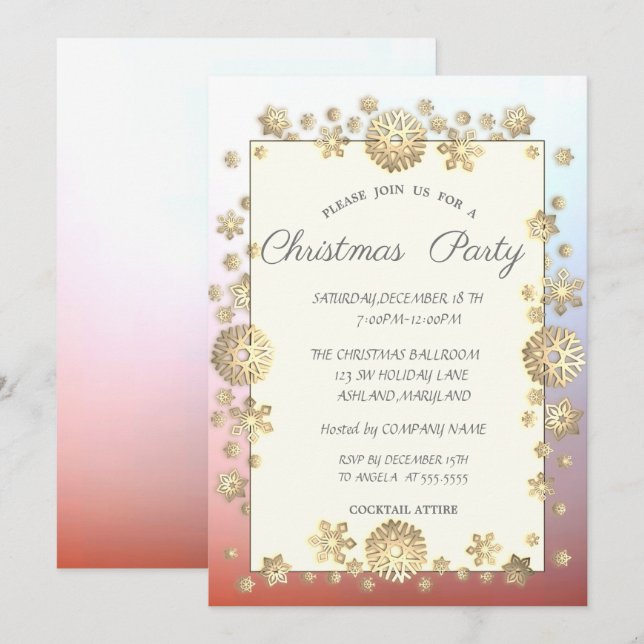 Gold  Snowflakes,Frame  Corporate Christmas Party Invitation (Front/Back)