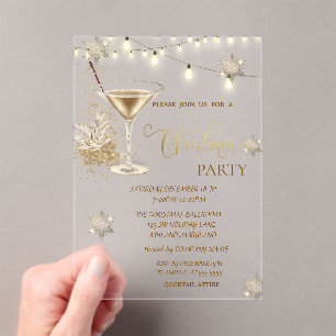 Gold Snowflakes,Glass,Lights Green Christmas Acrylic Invitations