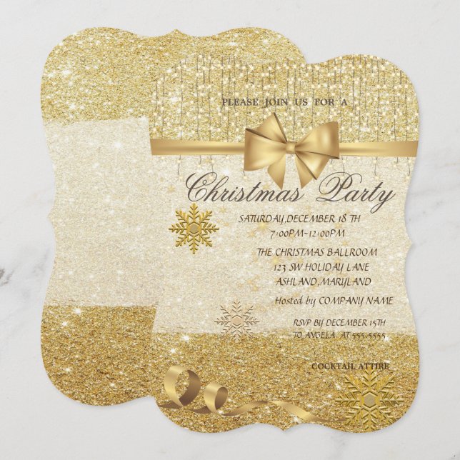 Gold Snowflakes ,Glitter,Company Christmas Party Invitation (Front/Back)
