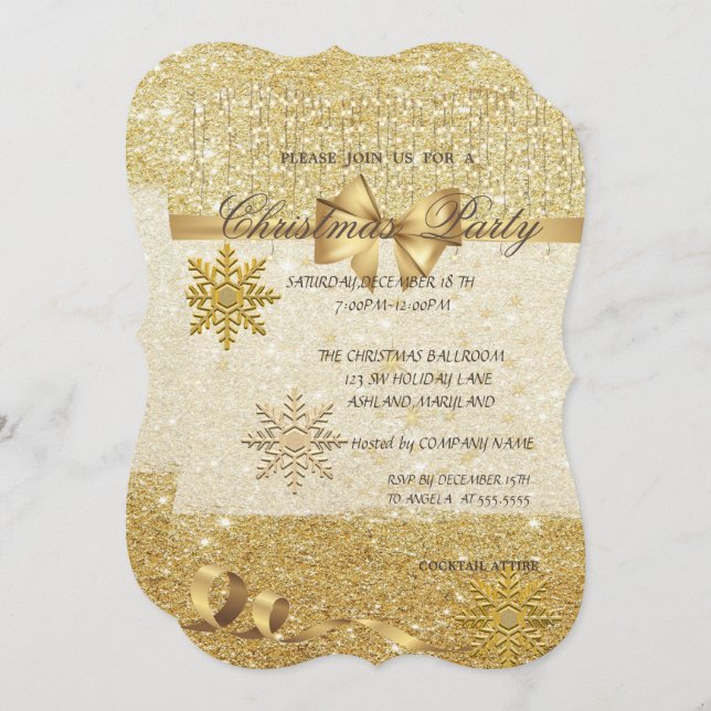 Gold Snowflakes ,Glittery,Company Christmas Party Invitation (Front/Back)