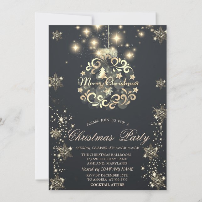 Gold Snowflakes,Gold Ball Dark Company  Invitation (Front)