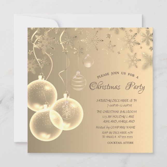 Gold Snowflakes,Gold Balls Corporate Christmas  Invitation (Front)