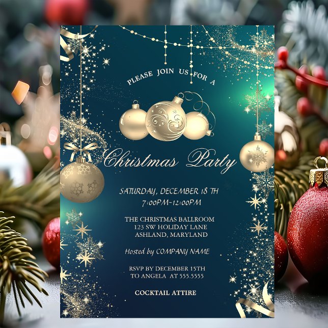 Gold Snowflakes,Gold Christmas Balls Company Party Invitation (Creator Uploaded)